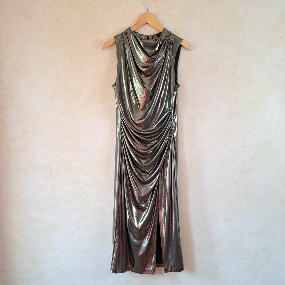 Vince Camuto Liquid Metallic Cowl Neck Midi Dress Size 12 Ruched Pewter Cocktail - Picture 12 of 13